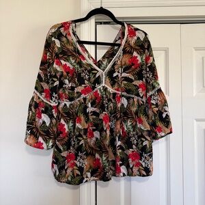 Jodifl V Neck Peplum Style Bell Sleeve Black Red Floral Blouse Size Small